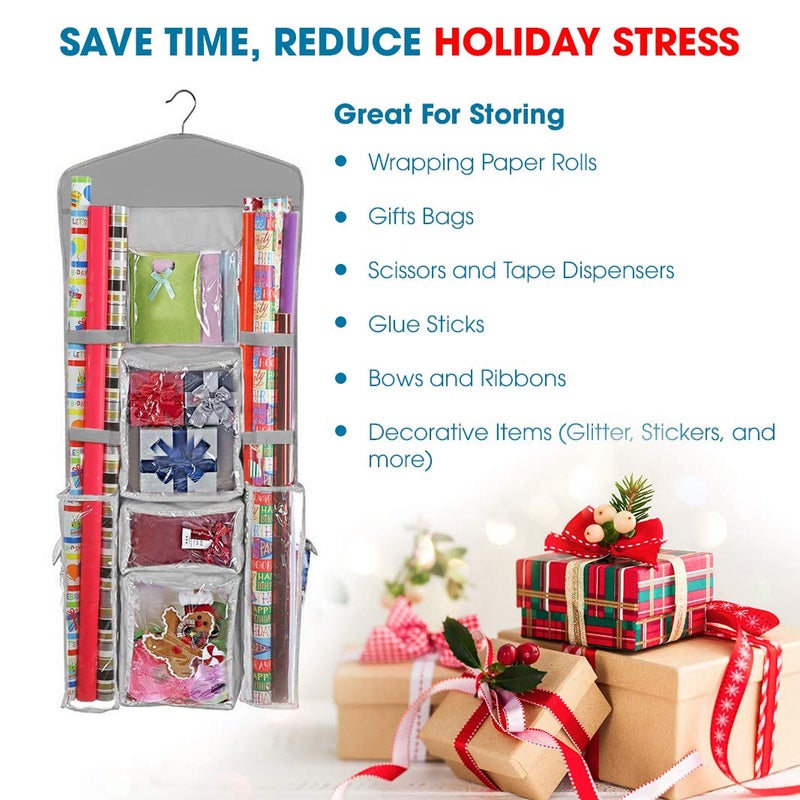 ProPik Hanging Double Sided Christmas Wrapping Paper Storage Organizer With Multiple Pockets, Organize Gift Wrap, Bows, Ribbons - 40"X17" Fits 40 Inch Rolls - Clear PVC Bag (Grey) - Image 5